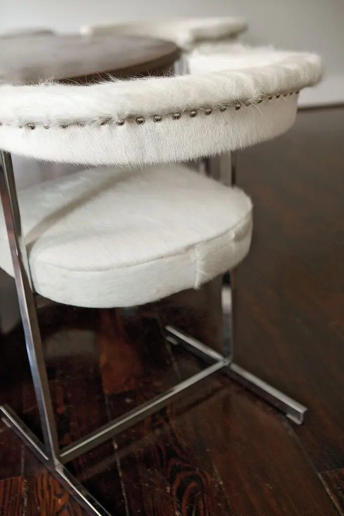 Mod 1960s chrome chairs upholstered in cowhide,
from Houston’s Fabulous Flea