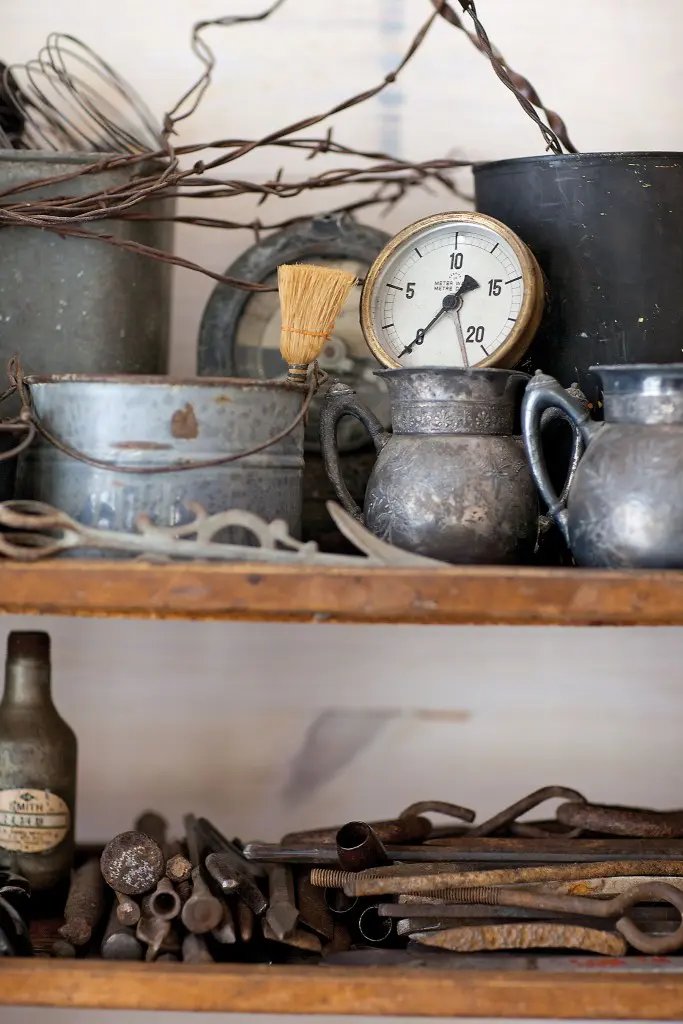 Studio time. All sorts of
discoveries from times gone by, always well-used and well-worn, stand ready for transformation into a future sculpture.