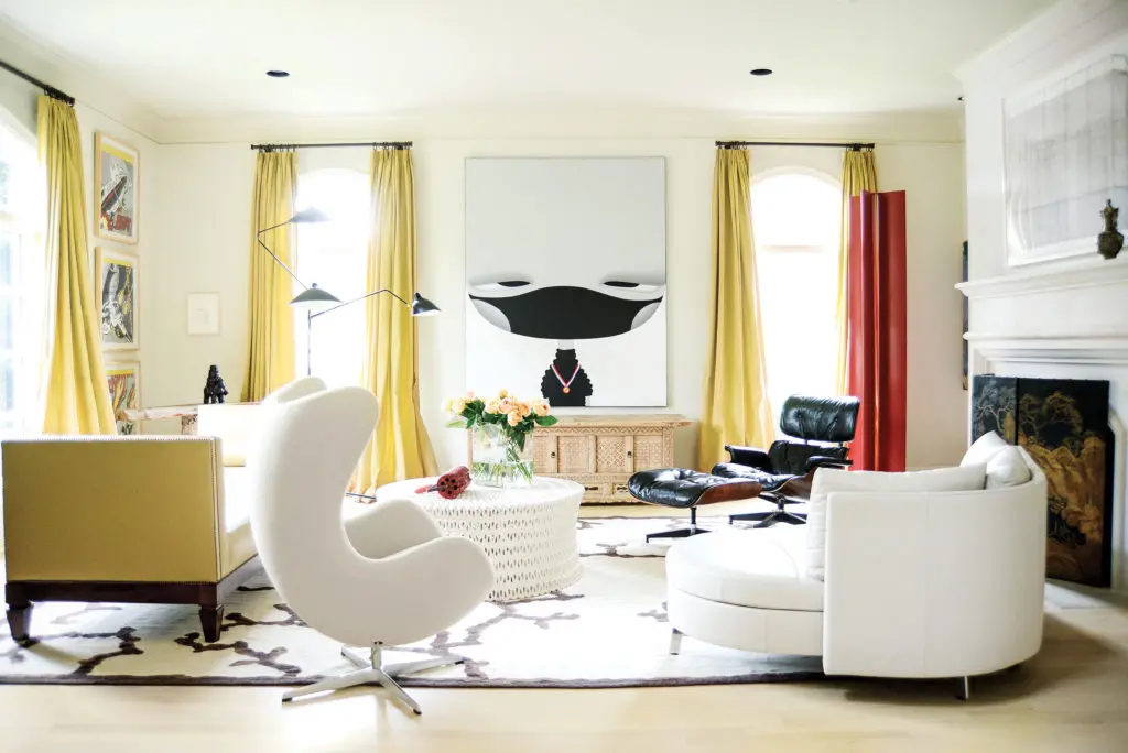 The living-room design began with the coral-patterned Asha rug from Carol Piper Rugs at Ellouise Abbott showroom. Vintage Eames chair belonged to Mark Soloman’s father. Arne Jacobsen Egg chair from Design Within Reach. Custom daybed in Edelman leather. De Sede sofa. Coffee table from Mecox. Antique Tibetan chest from Wisteria. Artwork Wang Ke.