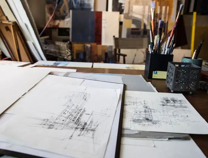 Cantrell's workspace inside the Kirby Building, a 17-story skyscraper formerly known as the Busch Building, which was converted into residences in the 1990s.