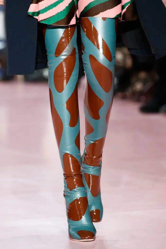 Latex thigh-high legging boot with Lucite heel in printed vinyl on the Dior Autumn/Winter 2015-2016 runway.