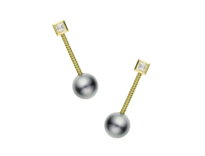 The long Revival bar studs feature square diamonds, grey pearls, and chain texture. 18-karat gold. 