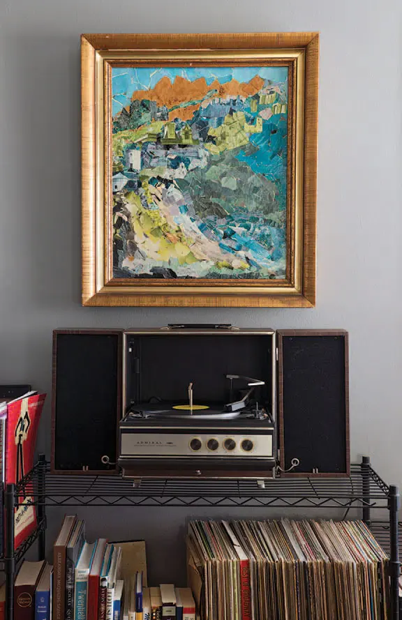 Scott’s vintage Admiral Record Player and vinyl collection. Impressionistic paper
collage, 1963.