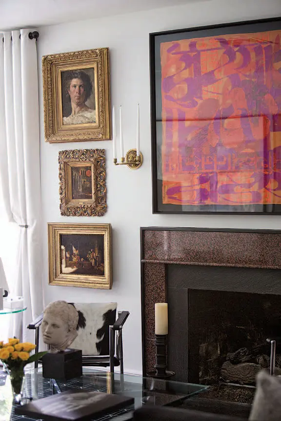 Eighteenth-century oil paintings ranging from portraiture to Orientalist paintings and interiorscapes. Painting above the fireplace is by Houston artist Michael Tracy.