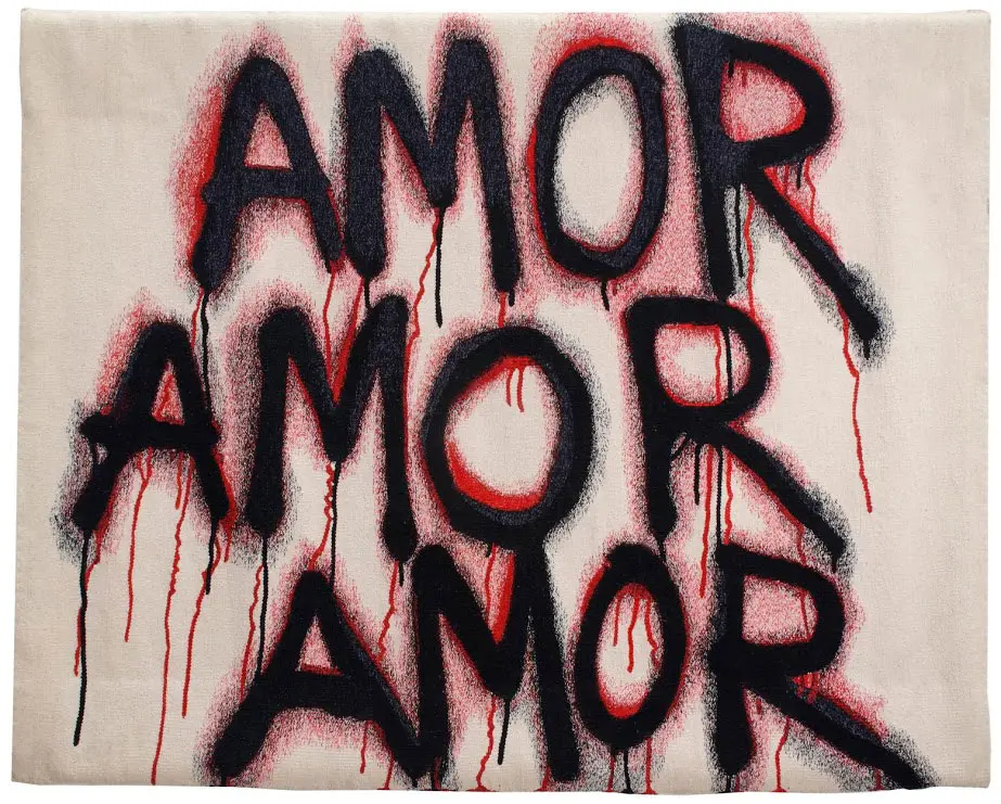 Eduardo Sarabia's Narcomanta 6 (Amor, Amor, Amor)," at Other Criteria, co-founded by Damien Hirst. 
The gallery is known for its fairly affordable multiples and home decor works like this hand-woven wool tapestry. 