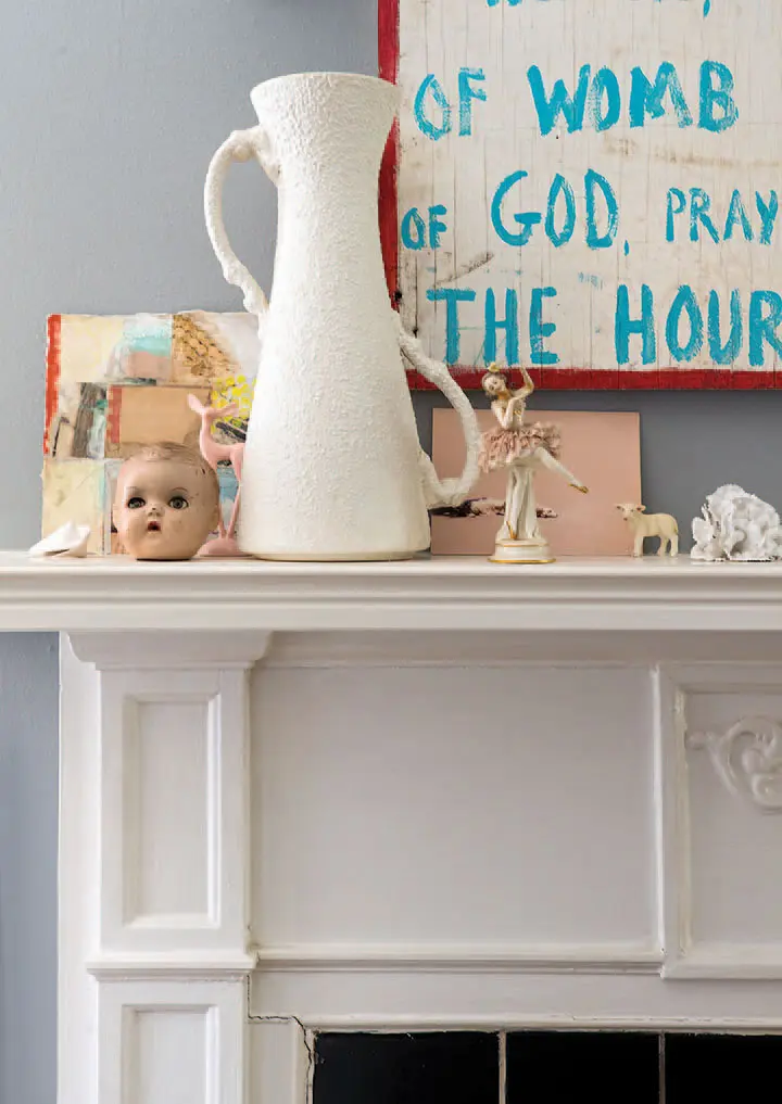“Haunted” doll head and vintage vase from Texas Art Asylum. Collage on left by Josh Pazda.