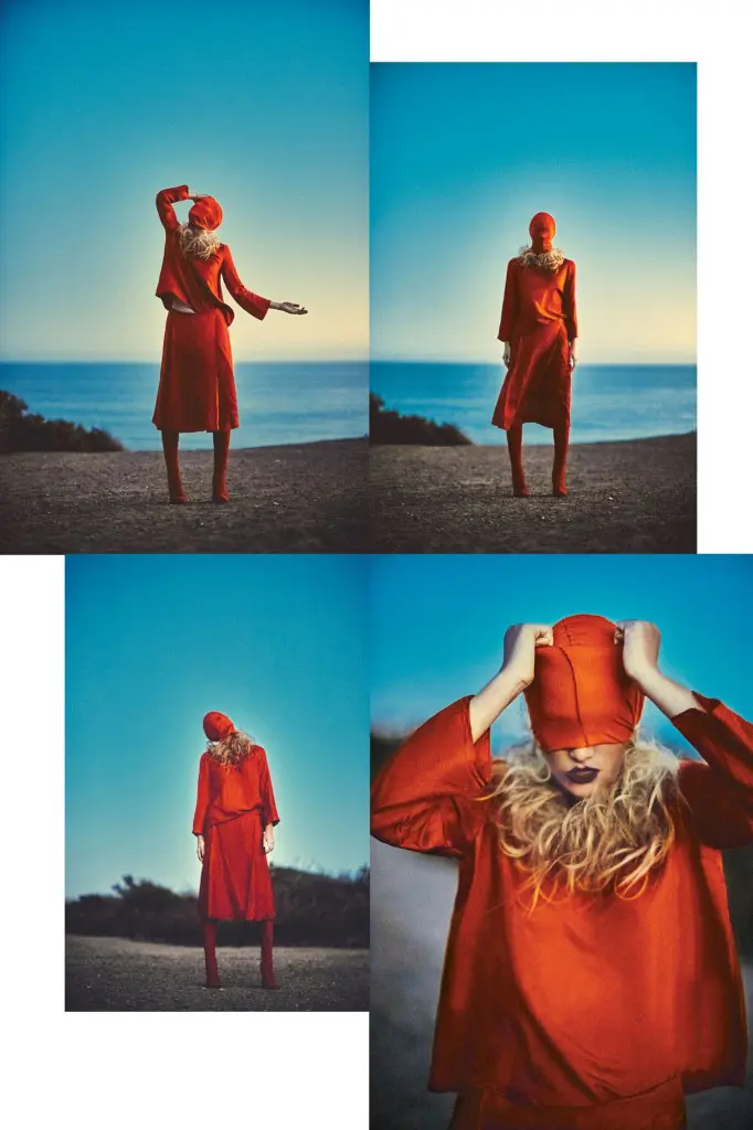 Hermès Les Sangles inverted-pleat silk jacquard sailor top $2,725, matching skirt $3,800, and suede goatskin boot $2,325, all at the Hermès boutique.