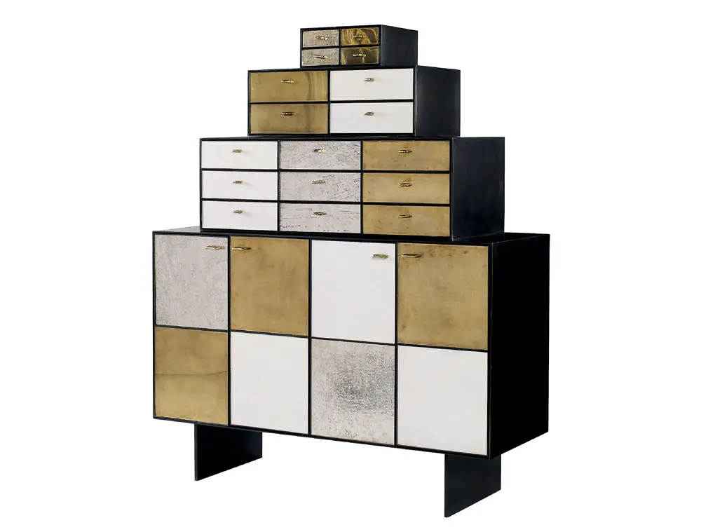 Huntley cabinet in blackened stainless steel, glass and
parchment