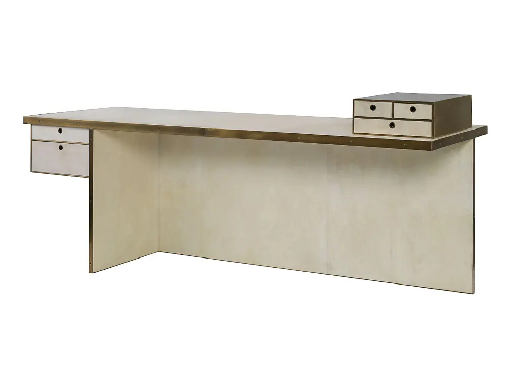 Dillon desk in parchment, burnished bronze and wood