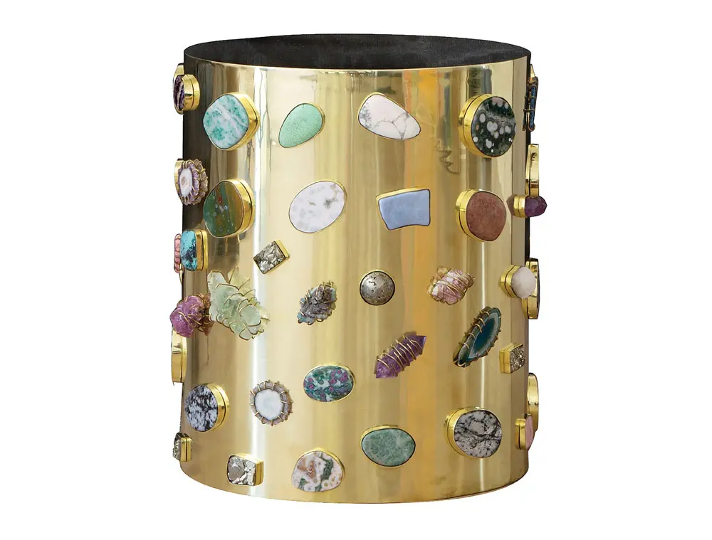 Bauble stool in ash, burnished bronze and encrusted in semi-precious stones. By special order.