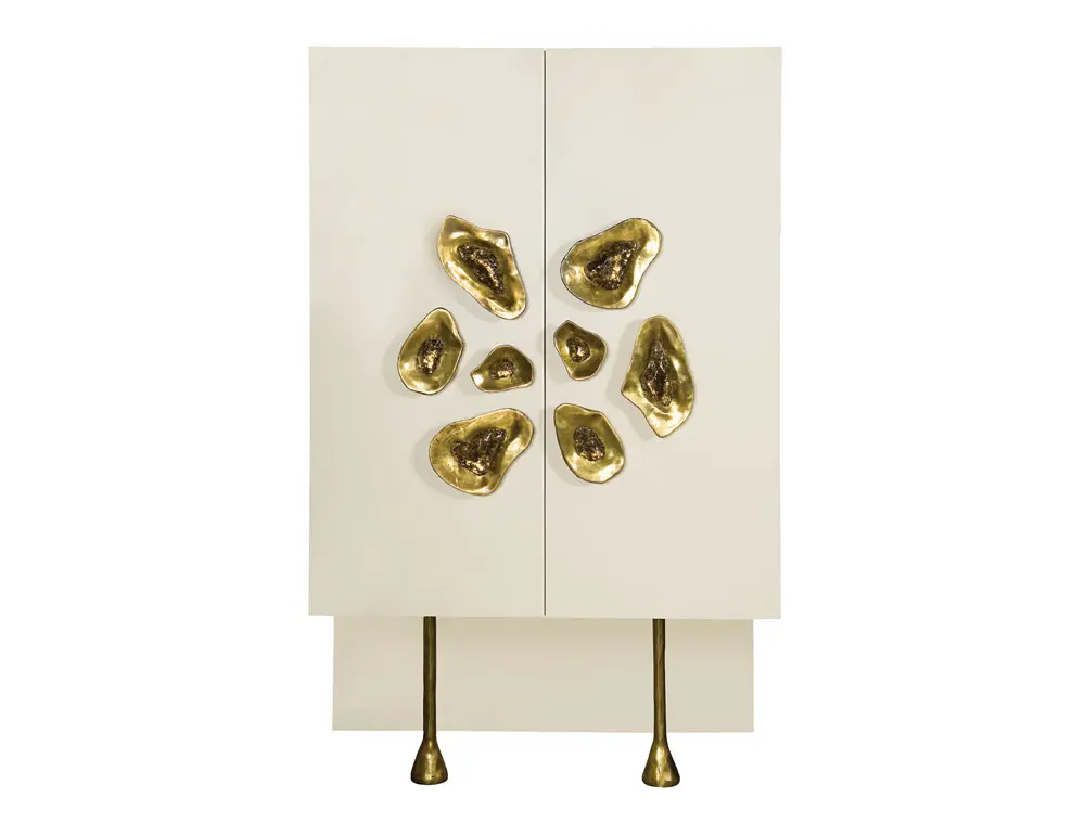 Crescent cabinet in
lacquered wood with walnut interior and burnished brass pulls