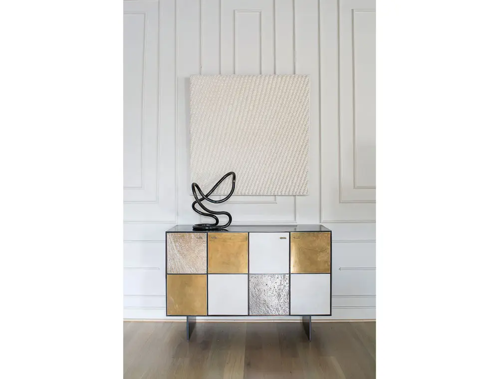 Huntley cabinet in glass, parchment and blackened stainless steel
