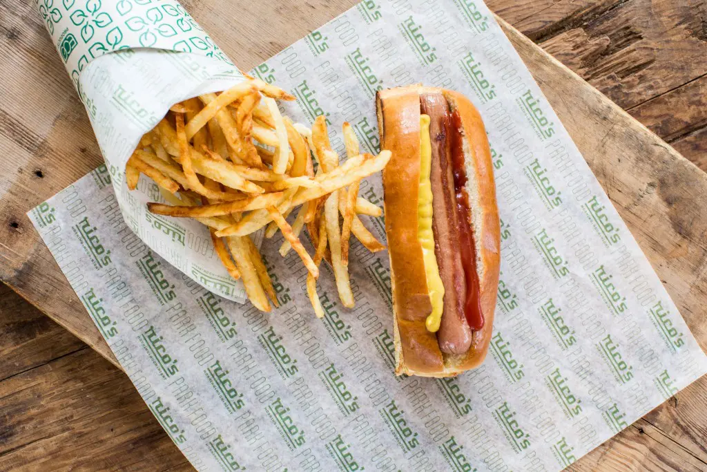 Rico's Park Dog — grilled all-beef hot dog served with ketchup and mustard.