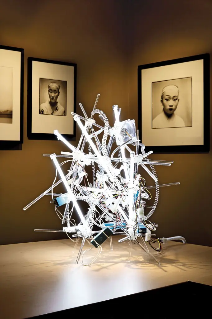 Black-and-white photos by Japanese-American artist Hiroshi Watanabe. Adela Andea’s White Diamond light sculpture, 2011, through Anya Tish Gallery.