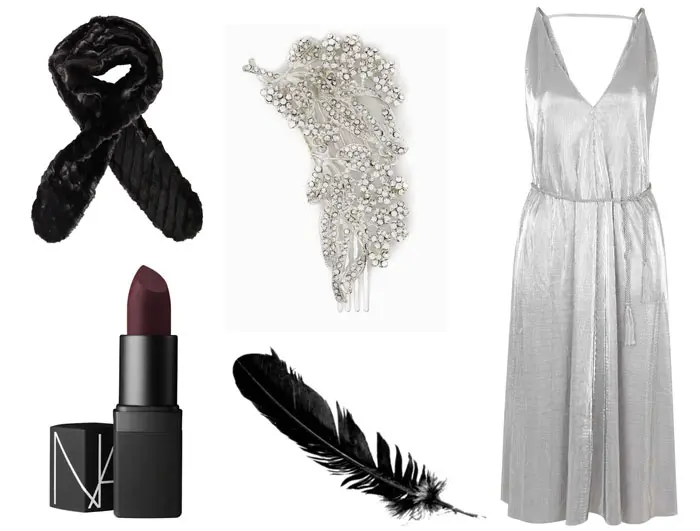 Dorothy Perkins black ribbed fur stole, Charming Charlie Enchanted garden hair comb, NARS Fast Ride lipstick, Topshop metallic midi dress