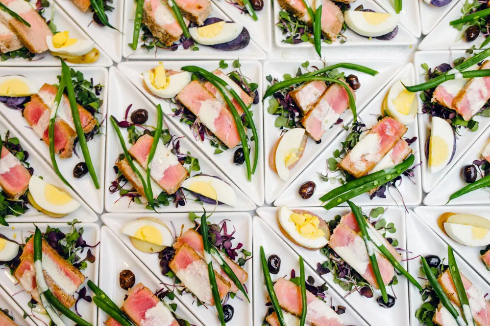 The first course of dinner was the seared yelllow fin tuna nicoise, which included fingerling potatoes, haricot verts, hard boiled eggs and nicoise olives on a bed of baby greens and lemon infused oil. 