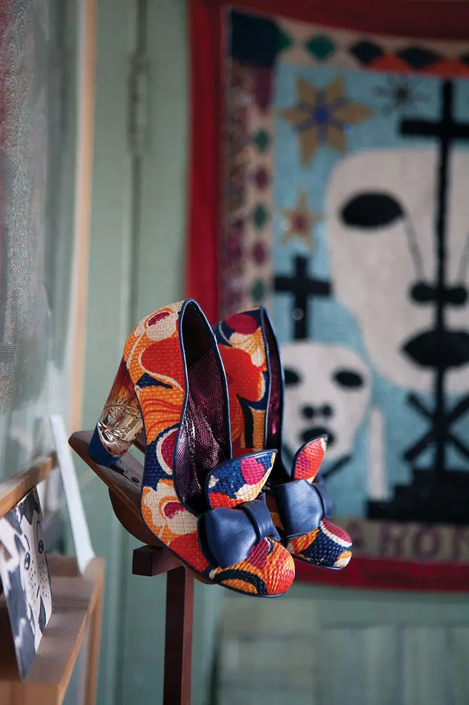 A pair of Julie’s entrance-making favorite shoes by Irregular Choice displayed as sculpture.