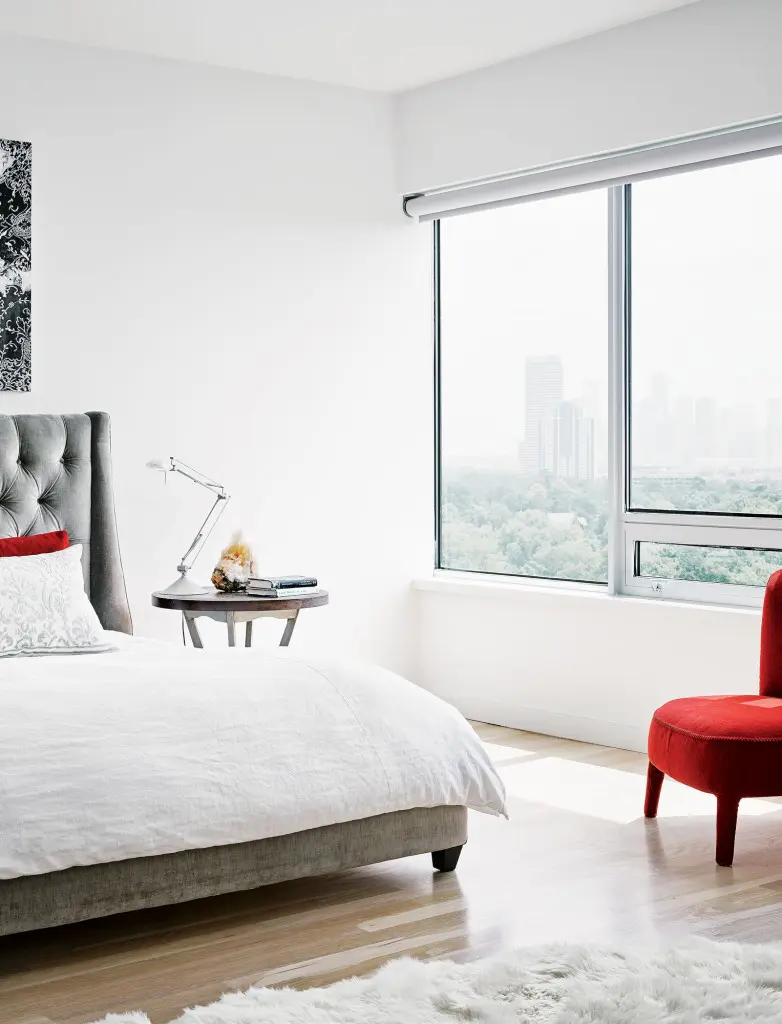 Mark Flood’s "Lace" painting, 2002, commissioned to hang over the master bed, which is from High Fashion Home. Vintage Mouille lamp. Kuhl-Linscomb bedding. Mongolian sheepskin rug from Creative Flooring Resources.
