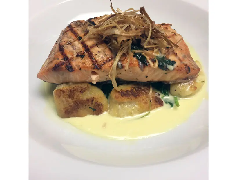 The salmon and pumpkin gnocchi at Line & Lariat provides a seasonal twist to a classic dish. 