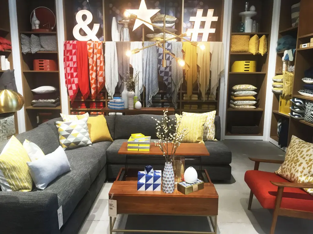 Geometric patterns line the walls at West Elm CityCentre. 