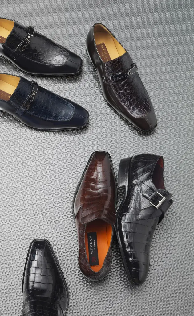 Giorgino (top, calf and crocodile), $495; Peruzzi (middle, brown alligator), $1,295; Mauricio (far right, black alligator), $1,295