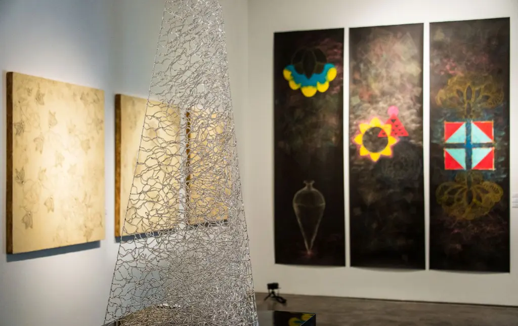 Installation view: Susan Plum’s “Soul Retrieval,” which was at Deborah Colton Gallery, shows the artist’s embrace of diverse media including her signature material, flame-worked glass. Photo by Pablo Gimenez Zapiola)