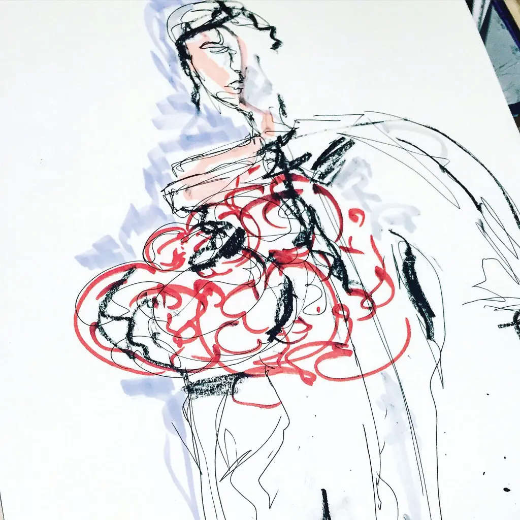 Contour sketch of reworked button-down — a class project