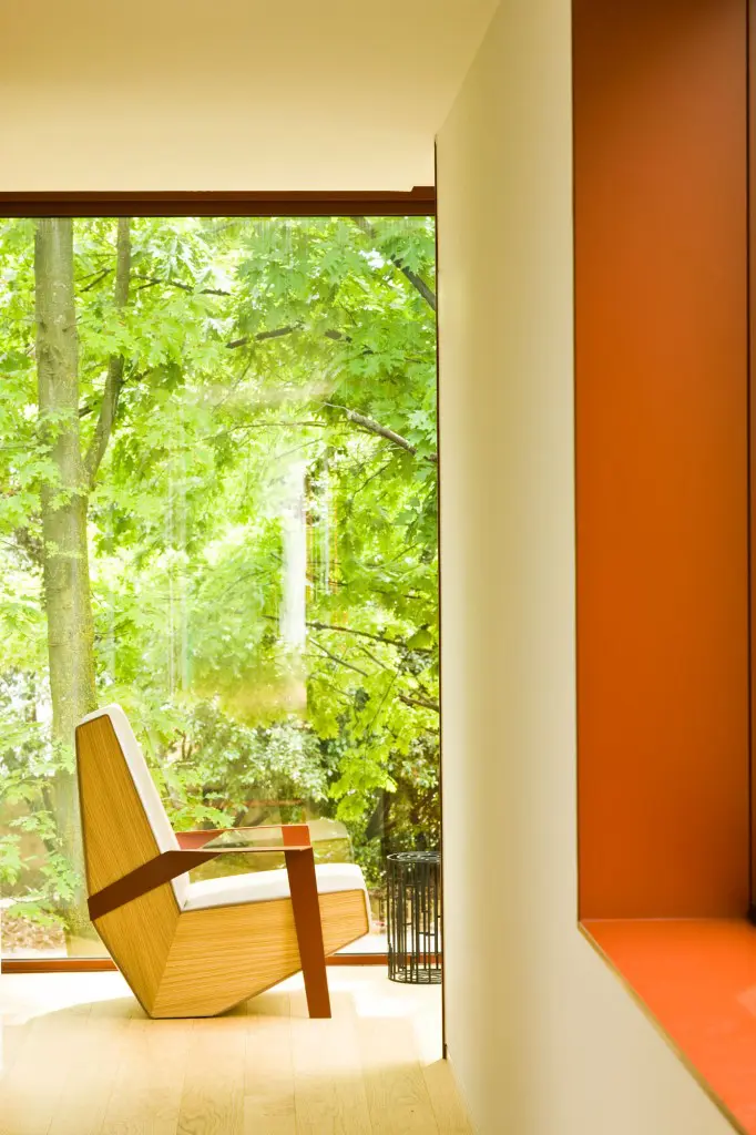 View from a seating area on the first floor to the outside.