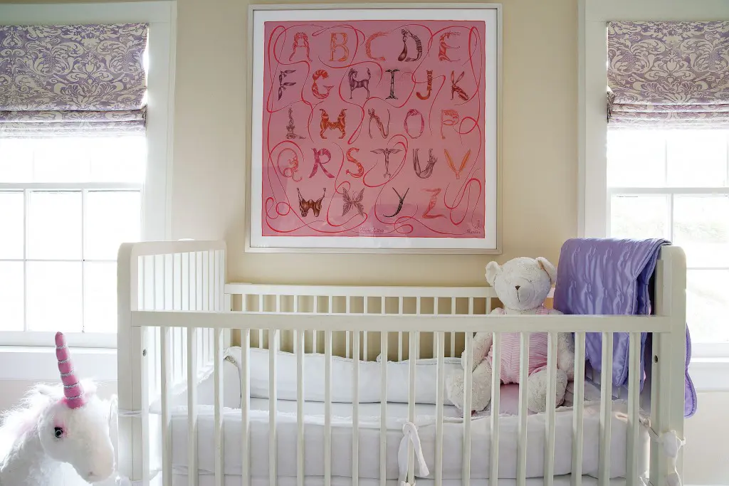Looke loves to frame Hermès scarves, especially for nurseries, as she did in her daughter’s room. “The color combinations are always so interesting,” she says. 