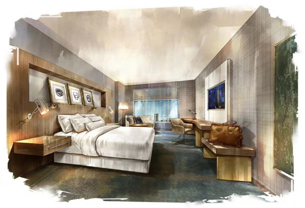 A rendering of The Westin The Woodlands' king guestroom. 