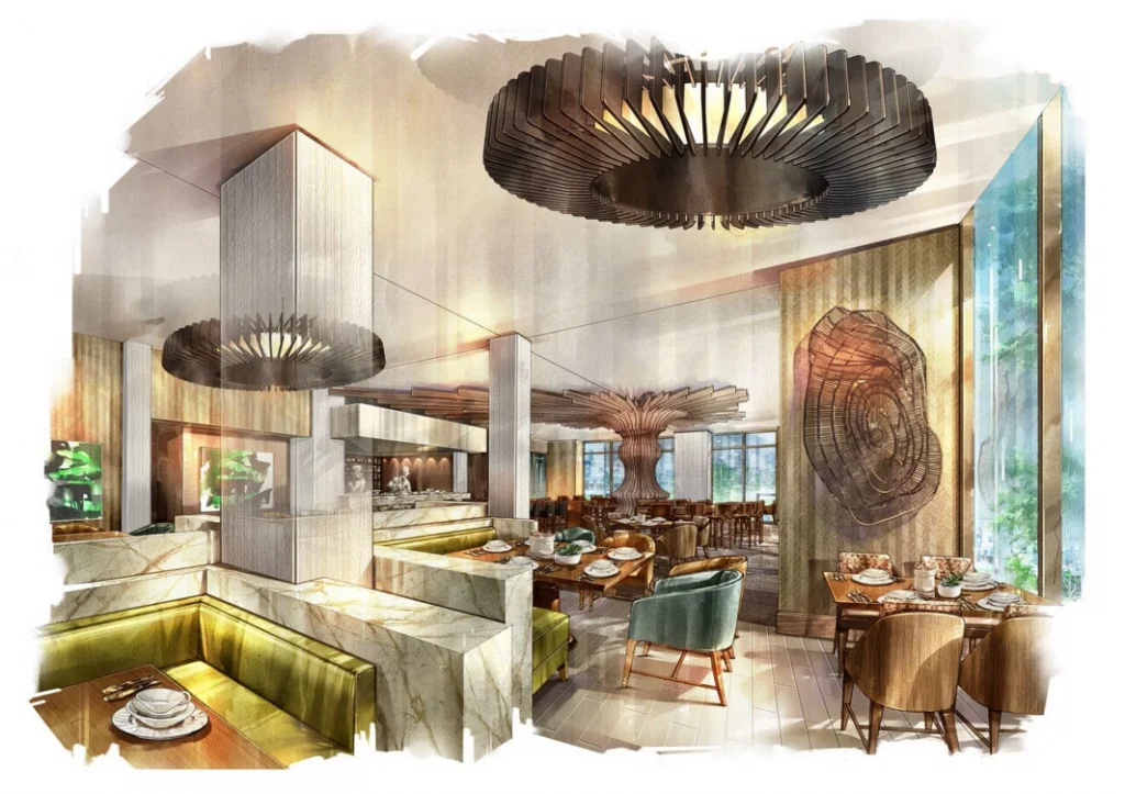 An artist's rendering of Current Restaurant at The Westin The Woodlands. 
