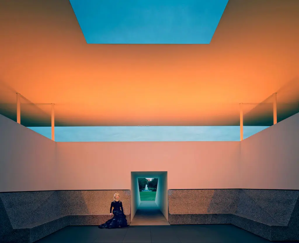 Lynn Wyatt in couture at the James Turrell Skyspace at Rice University. Photograph by Robert Polidori, courtesty of the artist and Paul Kasmin Gallery.