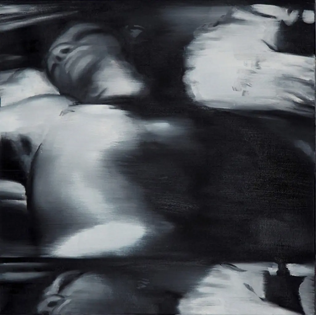 Schwab's oil on canvas, "Film II [Sleep]," 2015, features an image sampled from the Warhol film of the same name.
This painting was exhibited at The Andy Warhol Museum, Pittsburgh. 