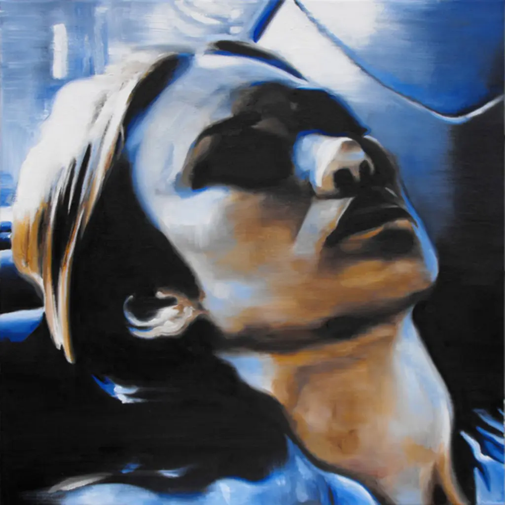 In the gallery's current three-person exhibition, Schwab's "The Passenger," 2013, is sampled from a contemporary film still, although it almost could be from the Warhol cinematic endeavor, "Sleep." 