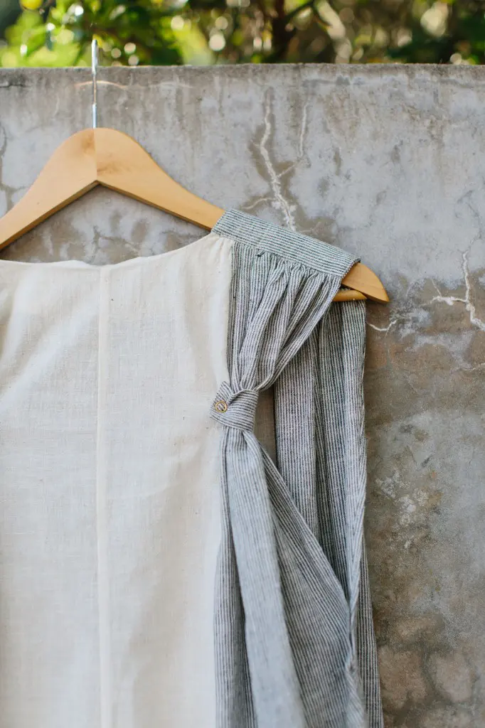 San Sebastian caftan in Handmade Edition handloomed colorblock. (Photograph Kendall Hanna)