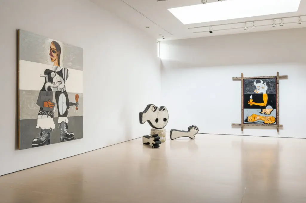 A view of the "Unguernica" installation, which combines generously scaled paintings and elements from those canvases, which have become free-standing works of sculpture.