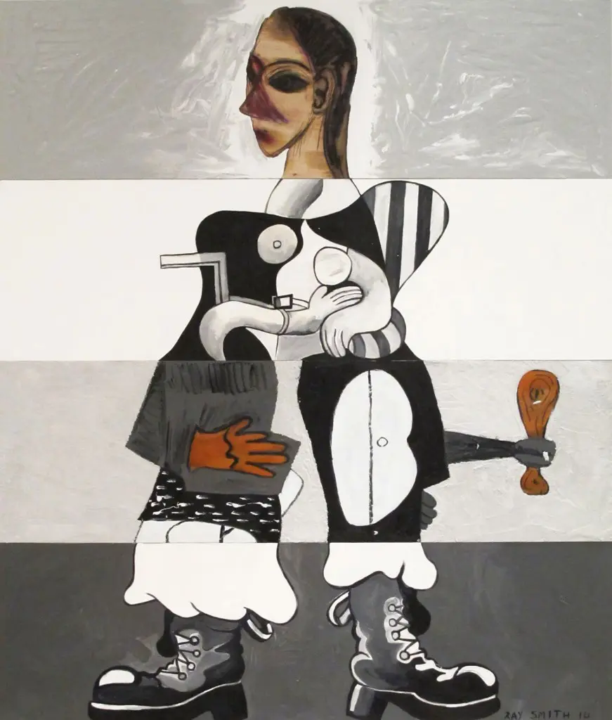Ray Smith's brooding "Unguernica VI, 2010, combines tropes from classic Picasso, like the woman's head inspired by African sculpture, paired with boots, which recall shoes worn by a cartoon character, introducing a Pop element. 