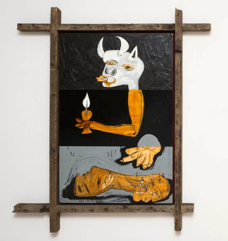 Painted in the tradition of an "Exquisite Corpse" — a Surrealist parlor game where each artist contributed a section to a drawing, with the final work revealed at the end — Ray Smith's "Unguernica-IV," 2010, exemplifies the power of this series both in terms of its stark imagery and the raw materiality of canvas, pigment and frame. 