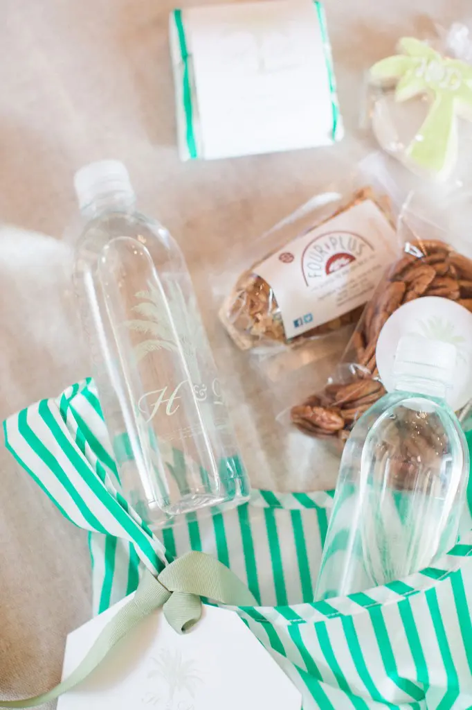 For the welcome bags, custom monogrammed water bottles and snacks were given to each guest.