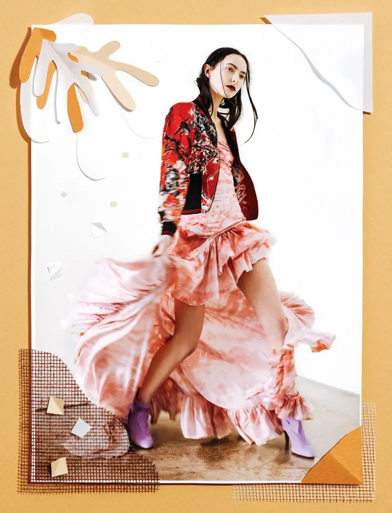 Roberto Cavalli silk bomber $1,990, silk taffeta dress $5,500, and suede bootie $950, all at the Roberto Cavalli boutique, Neiman Marcus, Saks Fifth Avenue.