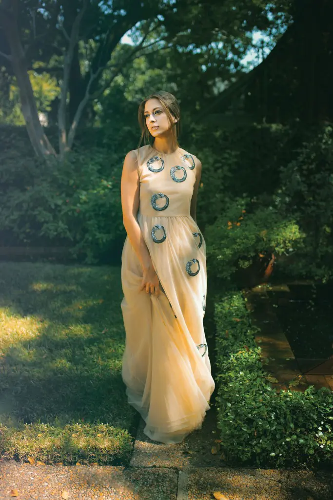 Tatiana Galitzine photographed at the Houston home
of her parents, Princess Maria Anna Galitzine and
Prince Piotr Galitzine. No. 21 dress, at Laboratoria, Neiman Marcus.