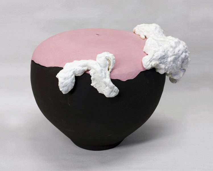 In "Untitled (Guston Pink)," 2015, Canadian-reared clay maker Charlie Satterlee comments upon the legacy of painter Philip Guston. 