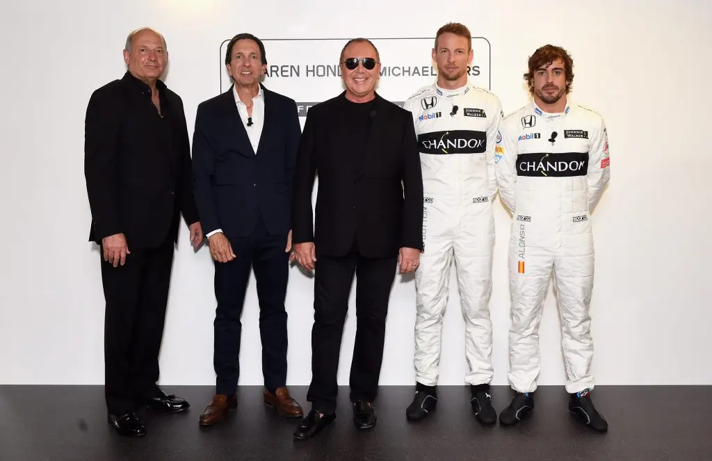 Ron Dennis, John Idol, Michael Kors, Jenson Button and Fernando Alonso attend Michael Kors and McLaren-Honda announcement on June 22, 2016 in London, England.  (Photo by David M. Benett/Dave Benett/Getty Images for Michael Kors)