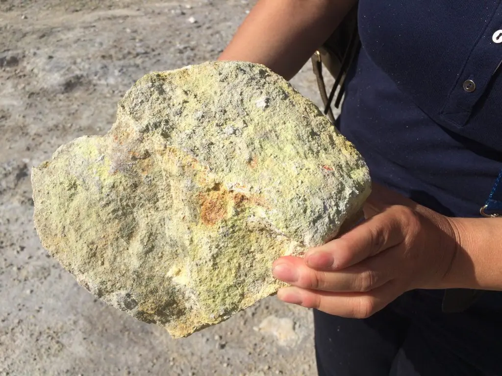 Rock encrusted with sulphur crystals at the Volcano Solfatara.