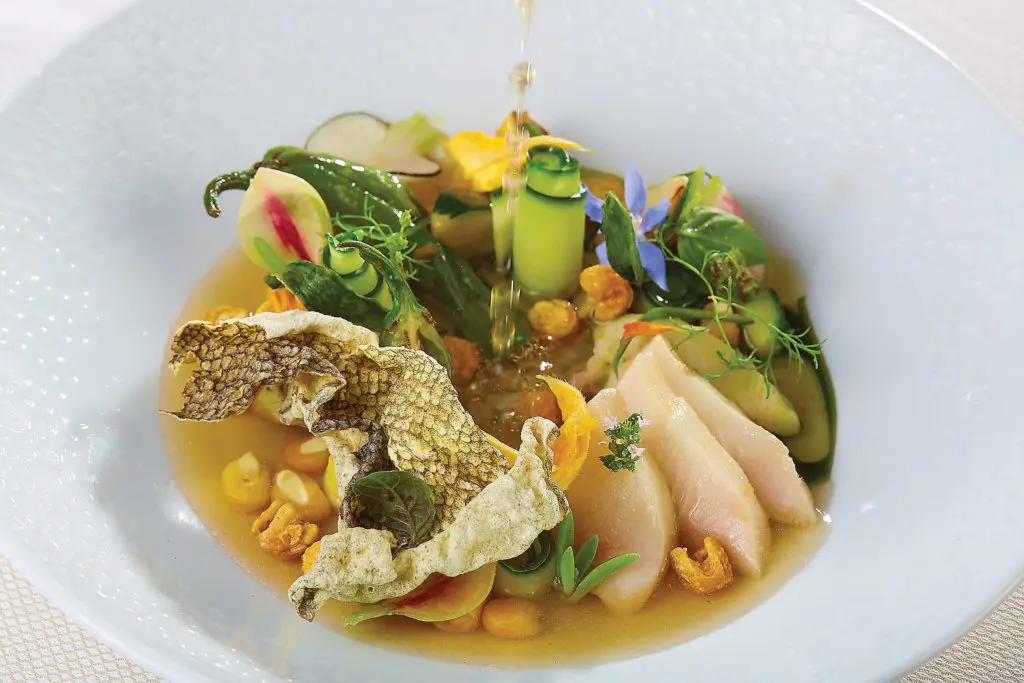 Summer posole with smoked shishito broth, rockfish escabeche was just one of the stunners at Flora Street Cafe. 
