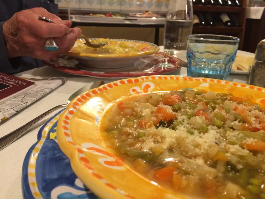 Hearty vegetable soup for lunch; perfect for a rainy day in Bologna.