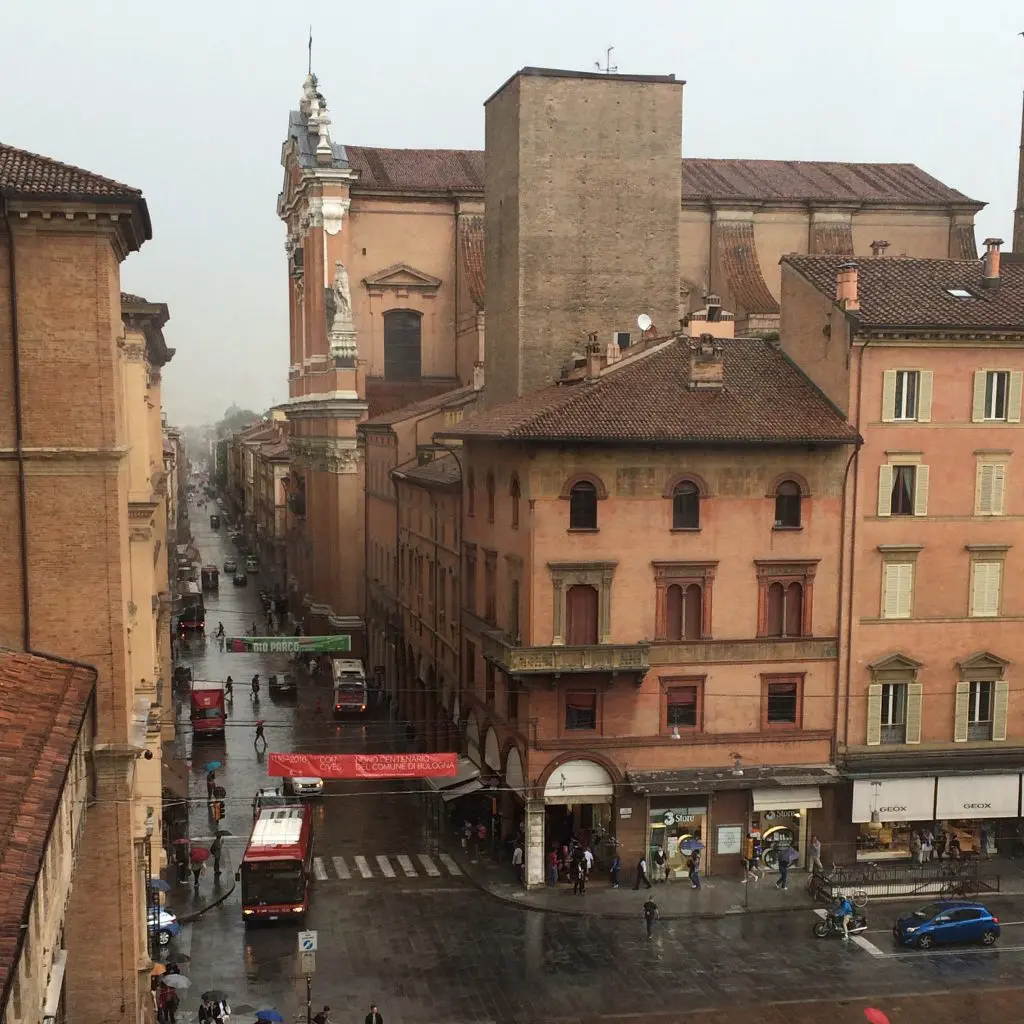 Rainy day view from a window at Collezioni Comunali d'Arte.