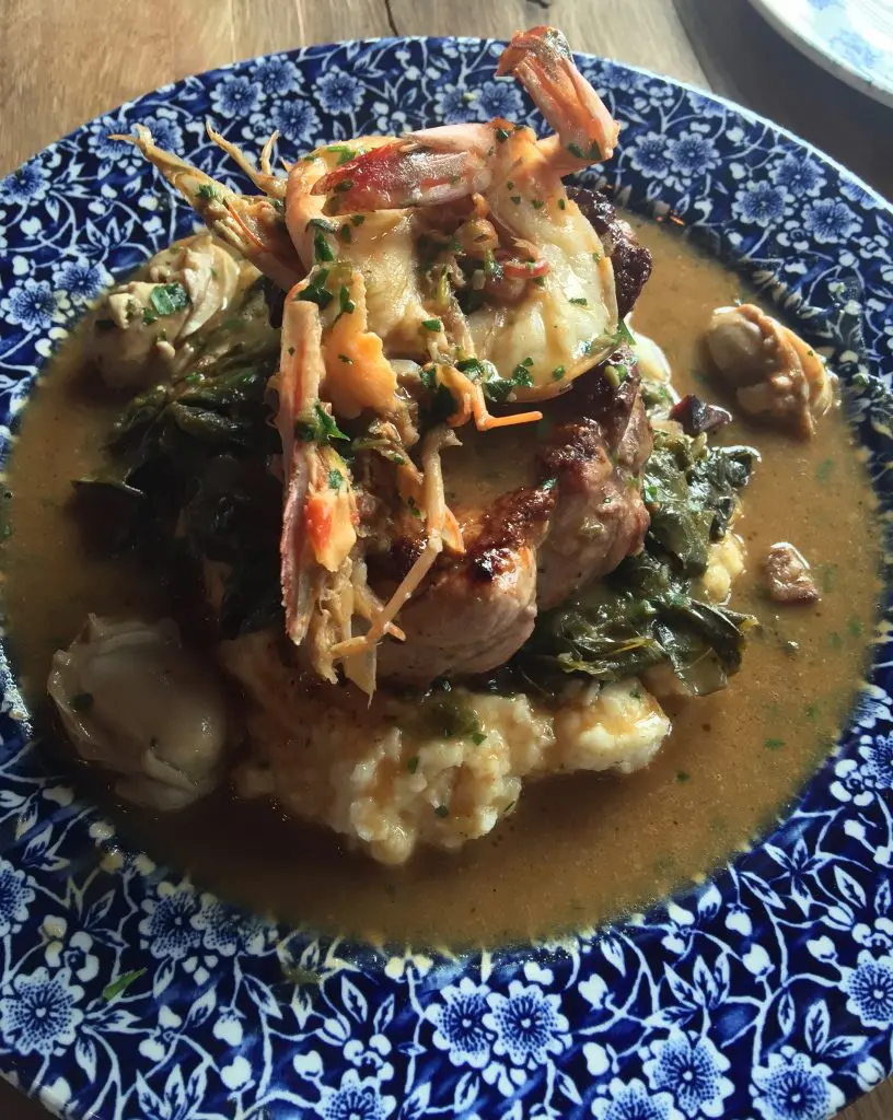 Shrimp and pork and greens at Ritual restaurant.