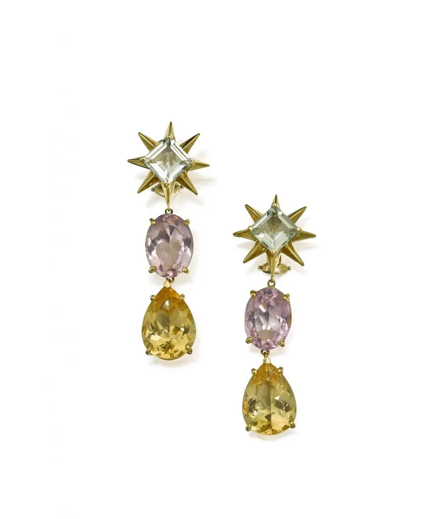 18K gold, amethyst, citrine, and prasiolite earclips