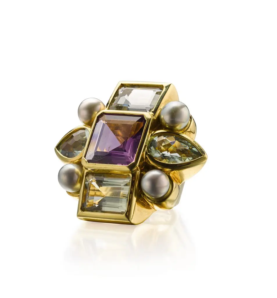 18K gold, amethyst, prasiolite, and cultured pearl ring